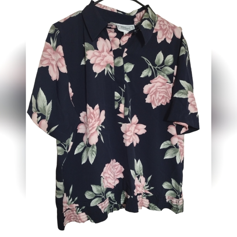 Alfred Dunner Blue Short Sleeve Blouse with Pink Roses, Size 14